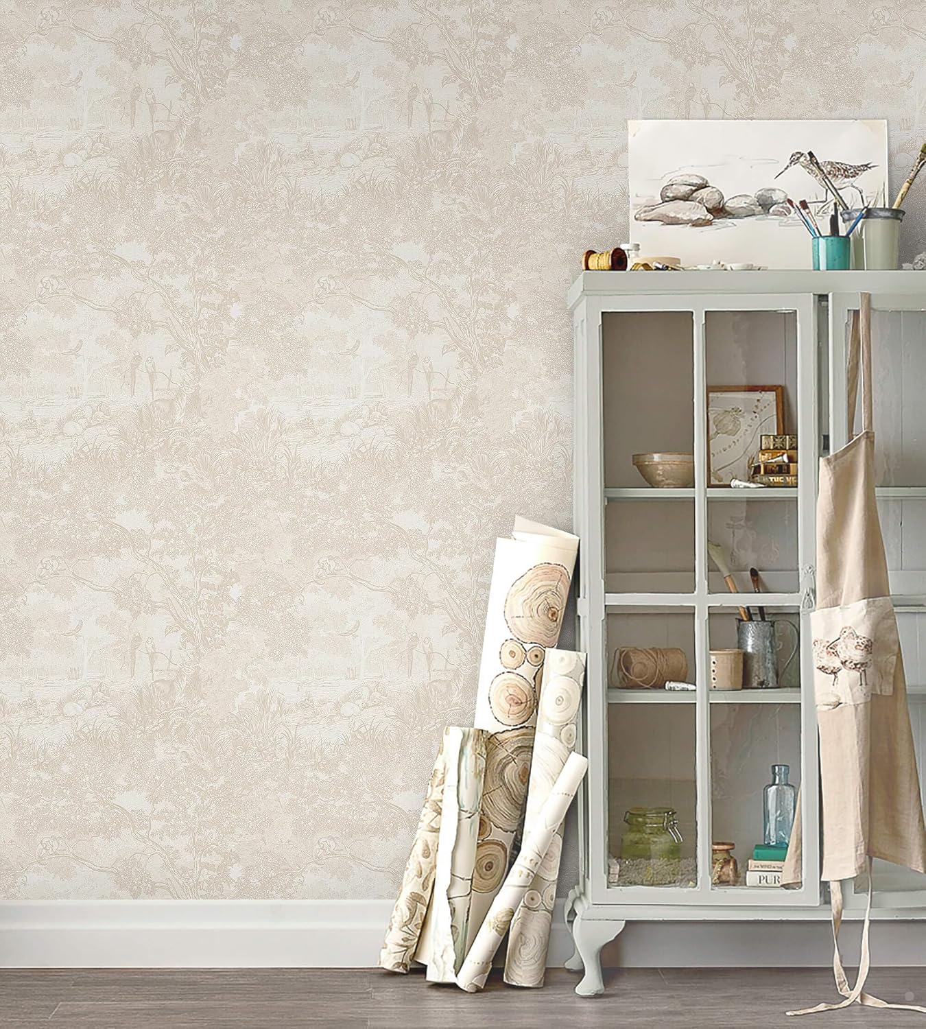 Heroad Peel and Stick Wallpaper Beige Neutral Vintage Forest Animals Floral Wallpaper Removable Self-Adhesive Contact Paper for Bedroom Living Room Cabinets Decoration Thicken Vinyl 17.3" x 393" 17.3" x 393" Neutral