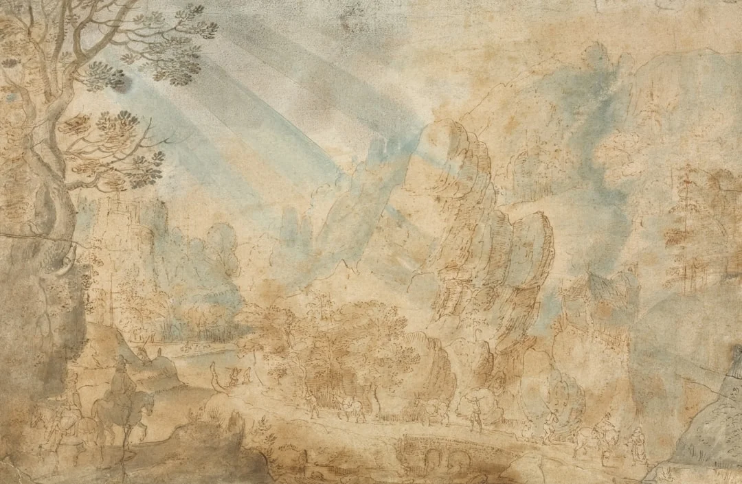 A sunlit living room with a dramatic floor-to-ceiling chinoiserie mural wallpaper in soft blues and greens behind a linen sofa, with paint samples and wallpaper swatches fanned out on a coffee table
